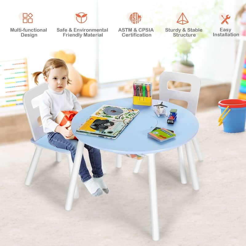 Wood Activity Kids Table and Chair Set with Center Mesh Storage for Snack Time and Homework - 23.5" x 23.5" x 17.5" (L x W x H)