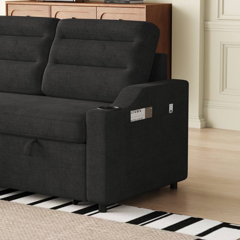 83.5" Convertible Sleeper Sofa - Polyester Sectional Sofa Bed with Pullout Bed and Cup Holder