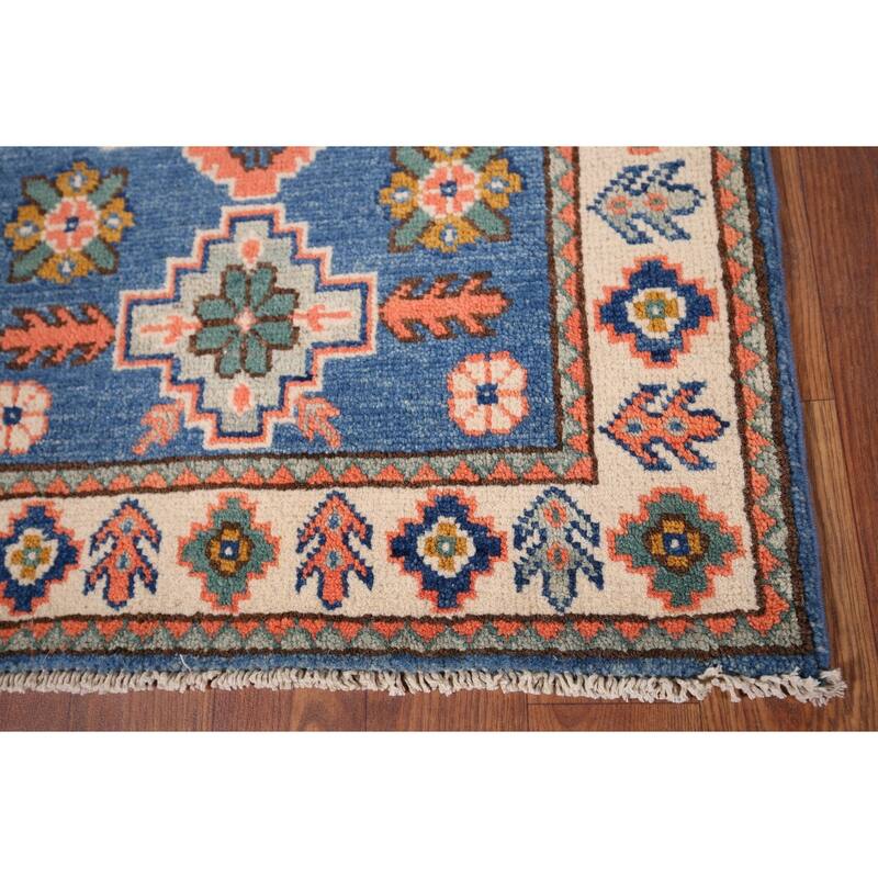 Geometric Kazak Foyer Rug Hand-Knotted Blue Wool Carpet - 2'0" x 3'0"