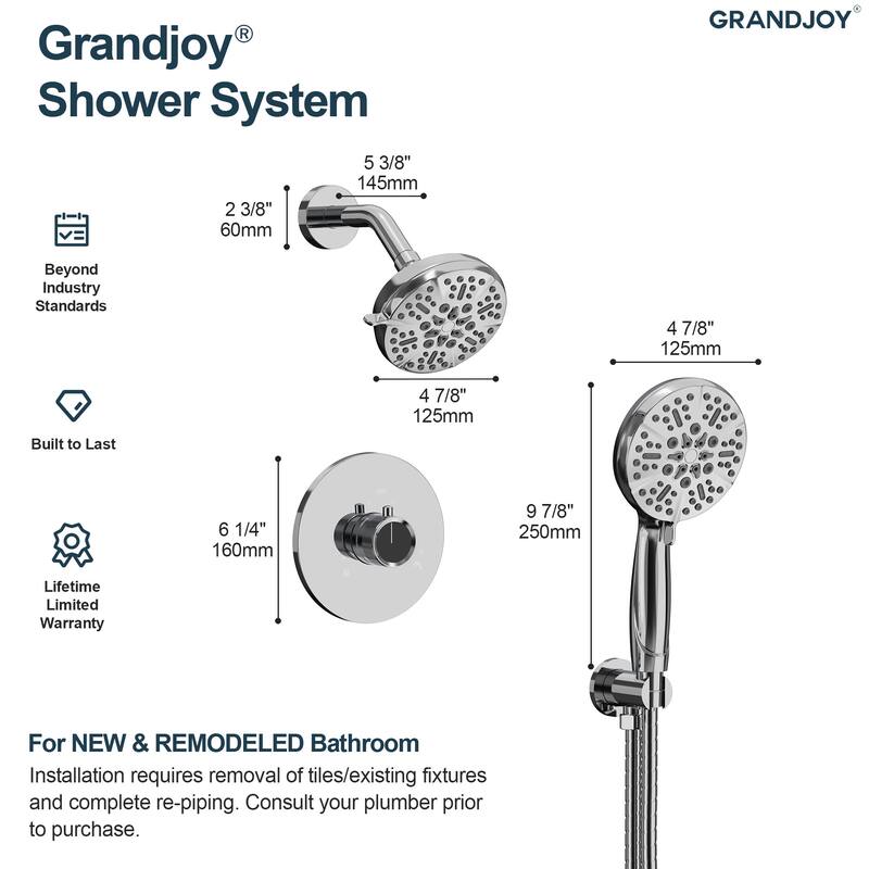 GRANDJOY Wall Mounted 5-Spray Shower System including Handheld Sprayer