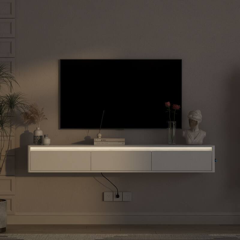 Wall Mounted TV Shelf with LED Lights & Power Outlet, High Gloss TV Cabinet for Wood TV Stands for Living Room