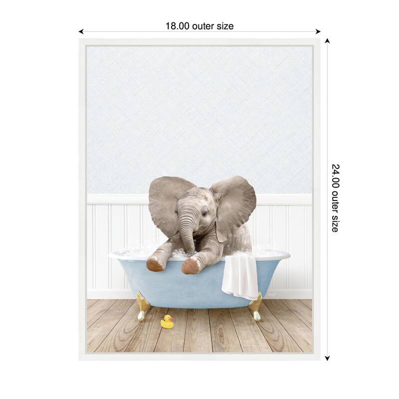 Kate and Laurel Sylvie Baby Elephant 6 in Cottage Blue Bathtub Framed Canvas by Amy Peterson