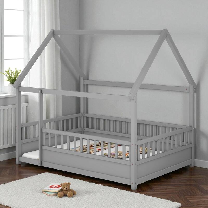 Twin/Full Wooden House Frame Floor Bed with Fence Guardrails, Montessori Style Kids Bed, Pine Wood Low Profile Design