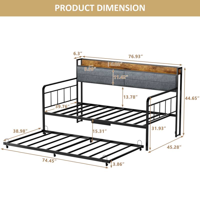 Twin Size Daybed with Trundle, Upholstered Storage Headboard, Charging Station, Black