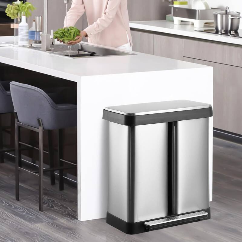 2 x 8-Gallon Garbage Can for Kitchen, 2 Compartments, Silver