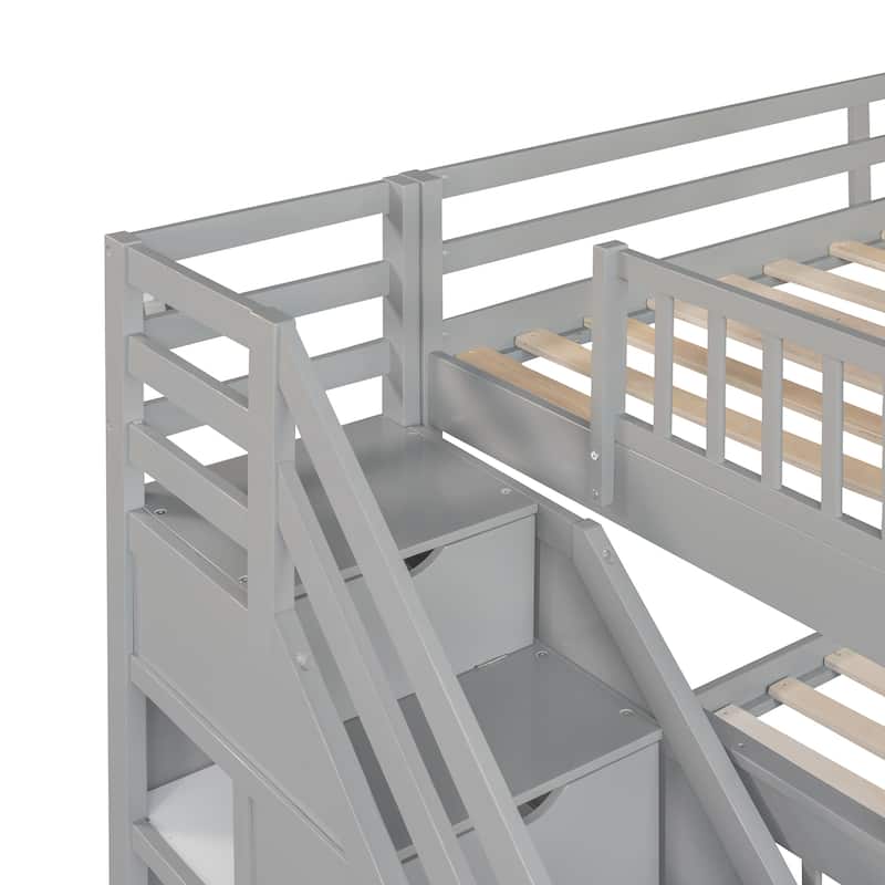 Gray Twin over Full Solid Wood L-shaped Bunk Bed with Drawers and Ladder