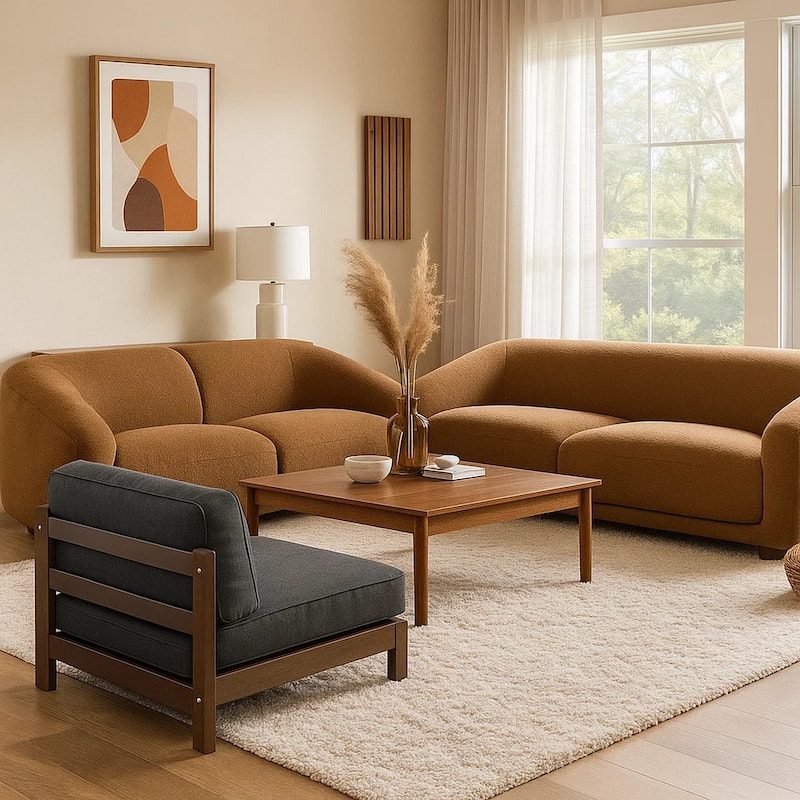 Oliver 2pc Sofa and Loveseat Set, Round Sloped Arms, Soft Brown Boucle