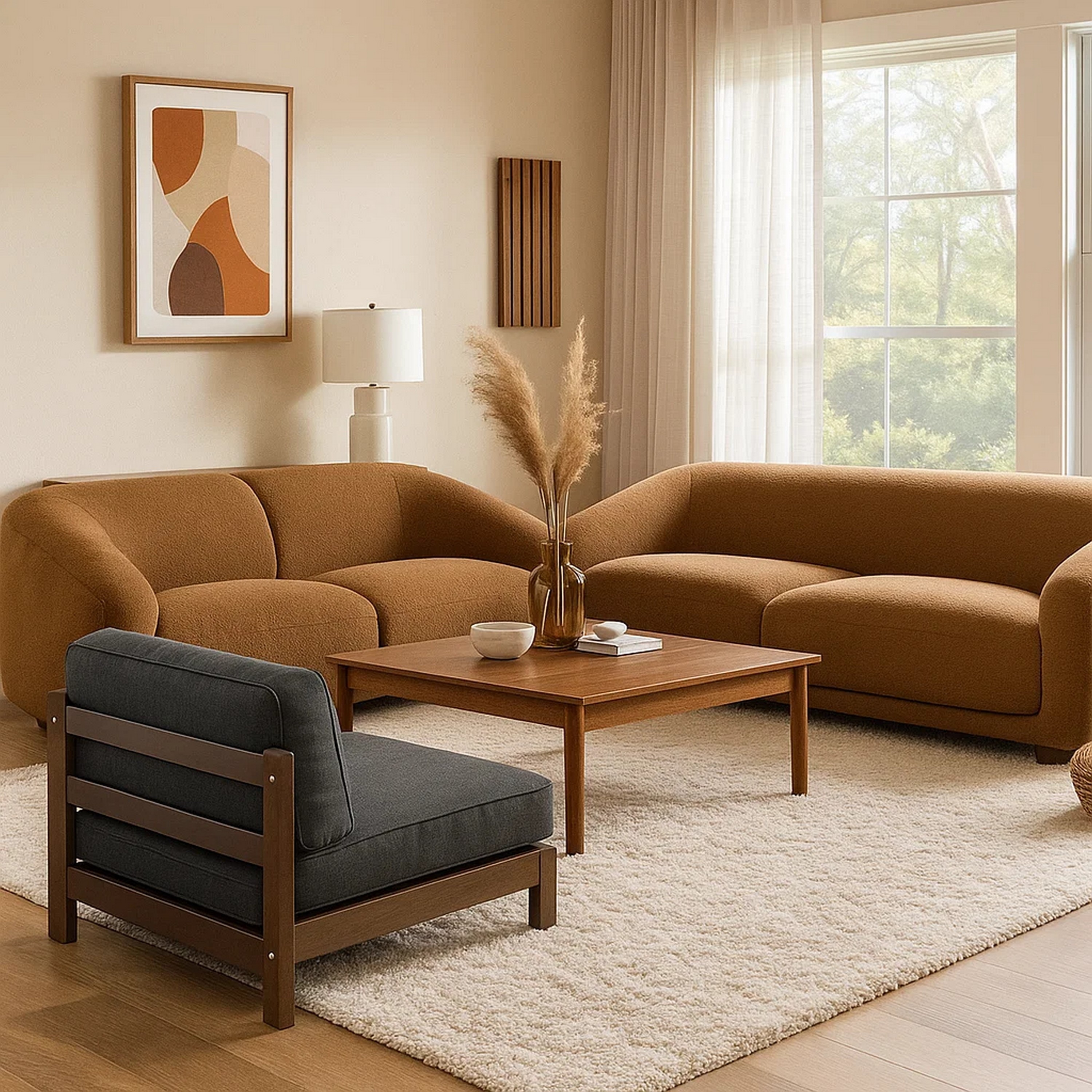 Benjara Oliver 2pc Sofa and Loveseat Set, Round Sloped Arms, Soft Brown Boucle