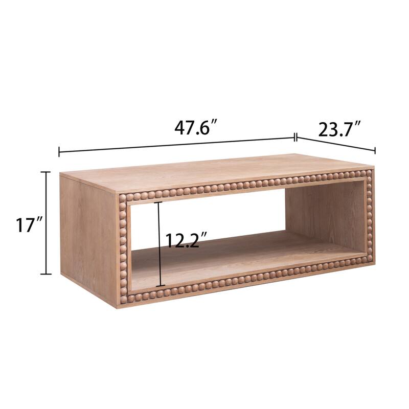 Rustic Beaded Edge Coffee Table -47.6" Rectangular Center Table with Open Storage Shelf