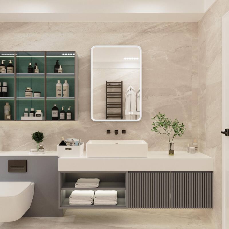 Anti-Fog LED Bathroom Vanity Mirror, Lighted Rectangular Mirror with Memory Function and White Iron Frame