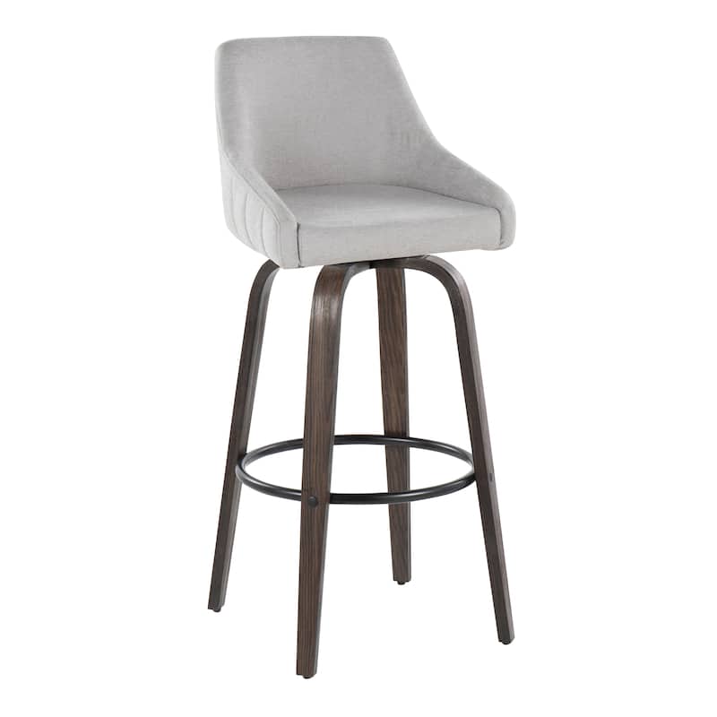The Gray Barn Hadley 30" Fixed-Height Bar Stool with Bent Wood Legs & Round Footrest (Set of 2) - Grey Fabric/Glazed Walnut/Black Metal