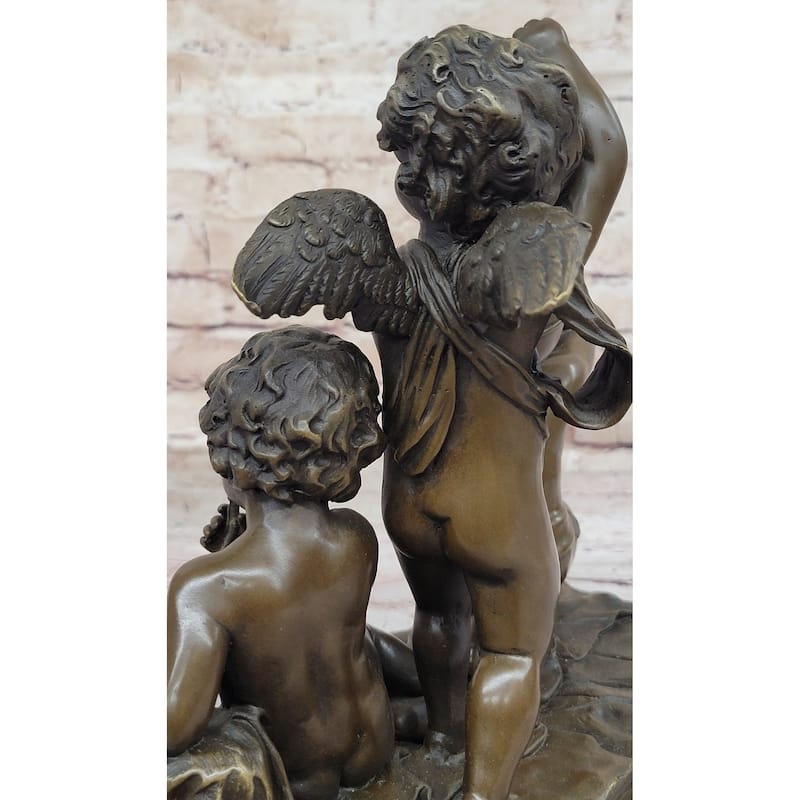 Three Cherubim Winged Cherub Baby Angel Putti Sculpture On Marble Base