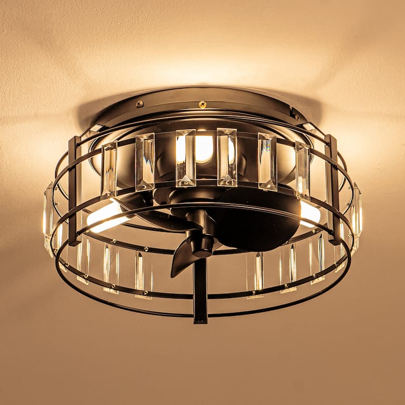 13-inch Matte Black Industrial Bladeless Fandelier Flush Mount Ceiling Fan with Remote