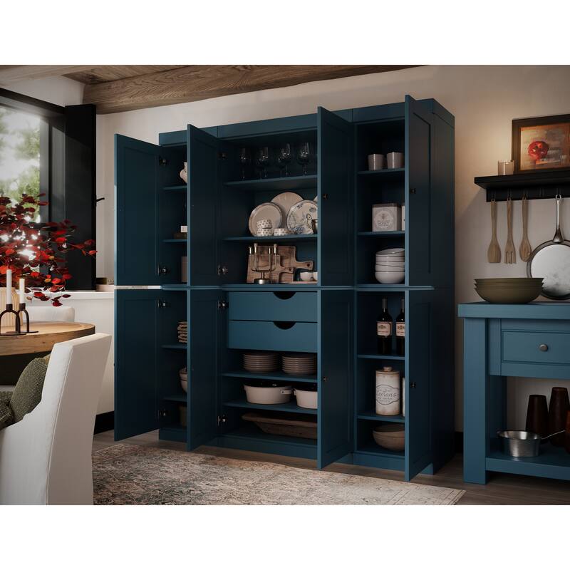 Palace Imports 100% Solid Wood 65" Pantry Cabinet with Shaker Doors, 2-Drawers and Adjustable Shelves - Teal Blue