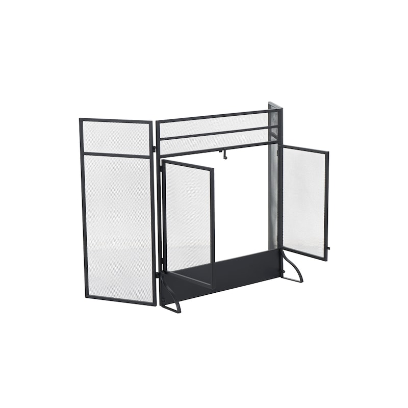 Metal Geometric 3 Panel and 2 Door Fireplace Screen with Mesh Backing - Black - Roche River Decor - 19"W x 27"L x 30"H