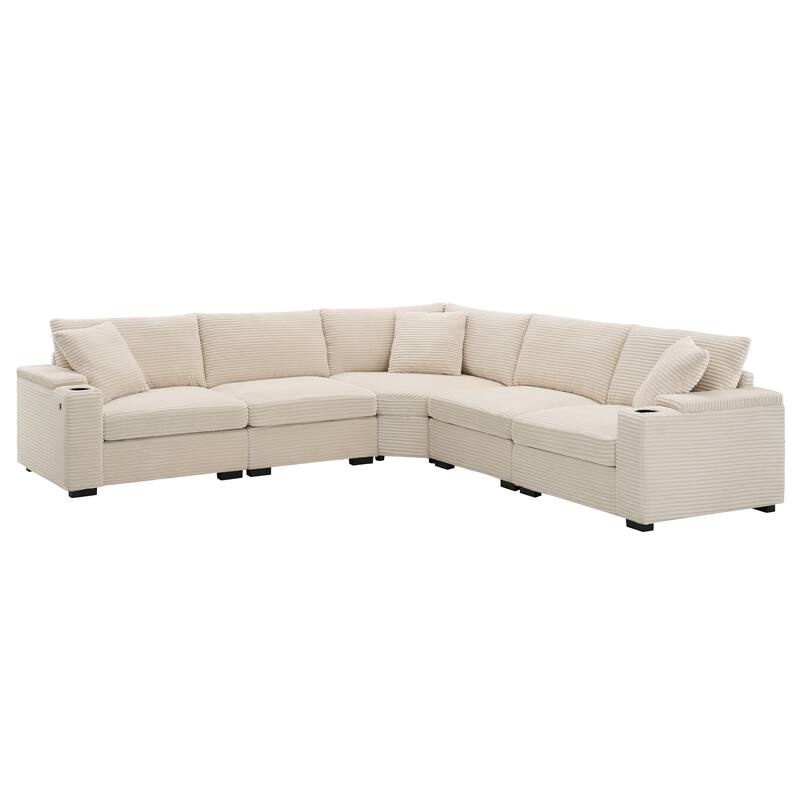 Convertible L Shaped Sectional Sofa, Oversized Corduroy Upholstered Sofa, Modular Corner Sofa with Cup Holders & USB Charger