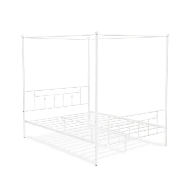 Queen Bed Frame Canopy Metal - White Powder Coated Bed with Headboard Footboard - Modern Bedroom Furniture
