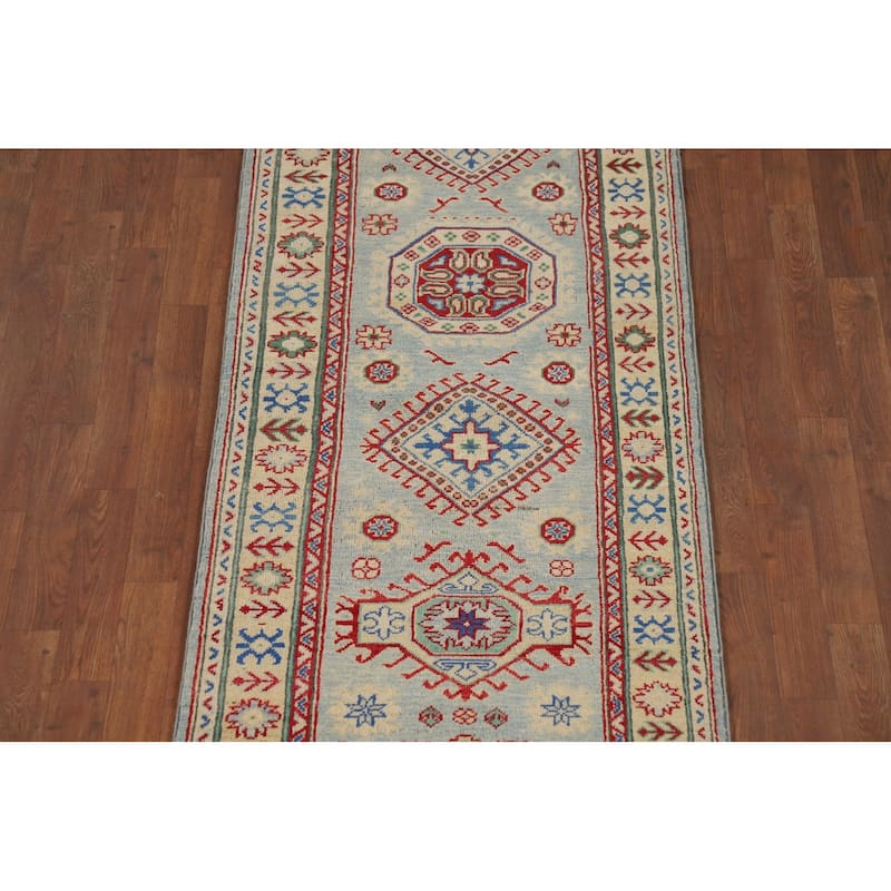 Light Blue Kazak Runner Rug Hand-Knotted Oriental Foyer Wool Carpet - 2'8" x 16'0"