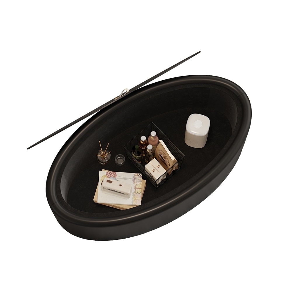 Oval Hidden Storage Coffee Table - 3C Certified Tempered Glass Top and Premium Leather Upholstered