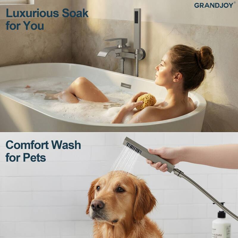 GRANDJOY Wall-mount Waterfall Bathtub Faucet with Handheld Shower