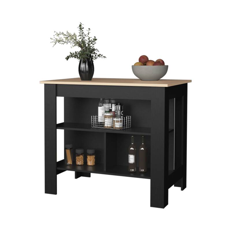 Light Pine and Black Kitchen Island with Open Storage