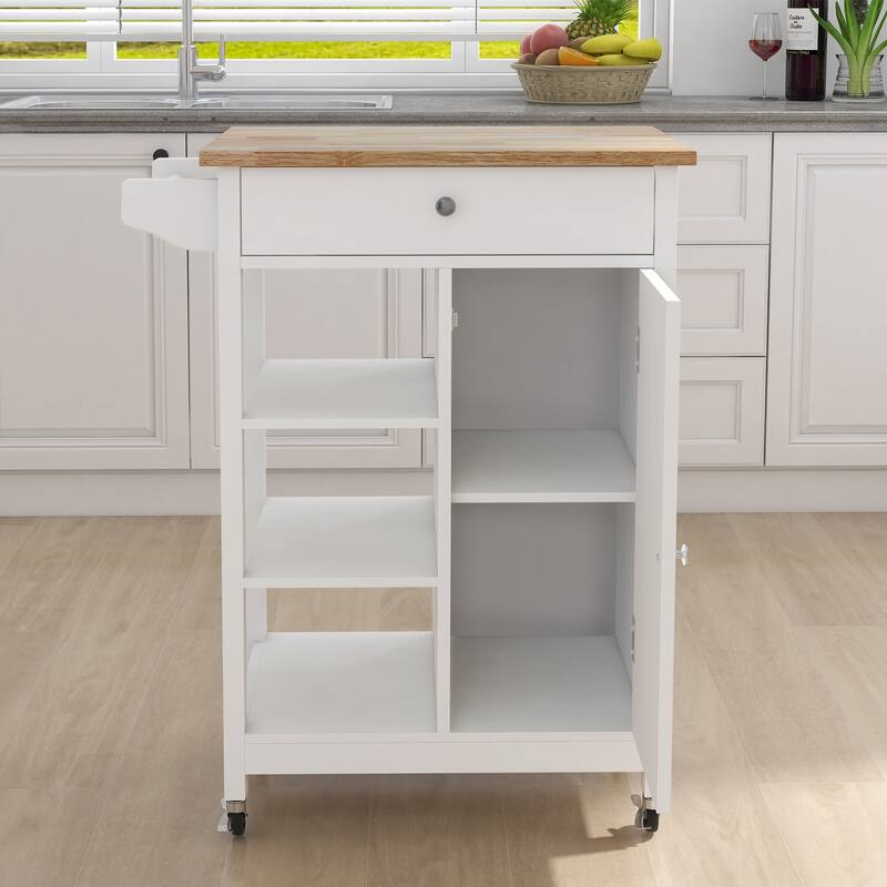 Anmytek White Rolling Kitchen Cart with Wood Top Mobile Storage Island for Small Spaces