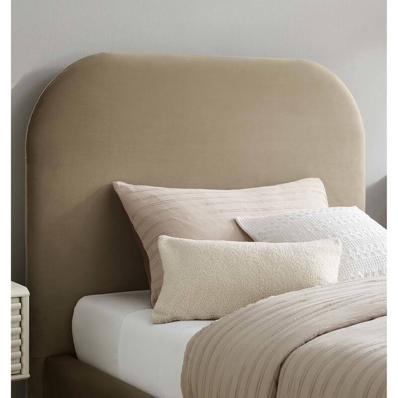 Hillsway Modern Curved Headboard Taupe Velvet Upholstered Twin Size Platform Bed