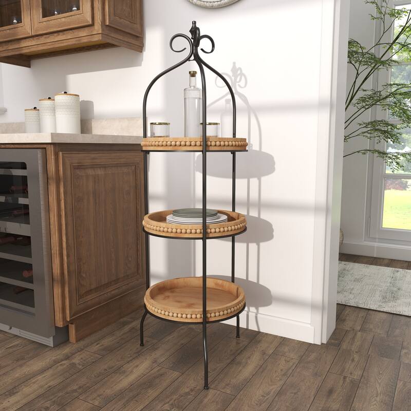 Brown Metal Arched Beaded 3 Shelves Shelving Unit with Scroll Top