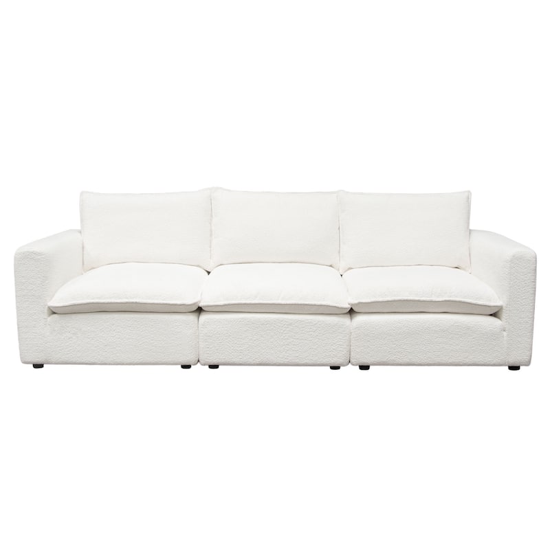 Agg 3pc Modular Sofa, Ivory Faux Shearing Fabric, 2 Accent Pillows