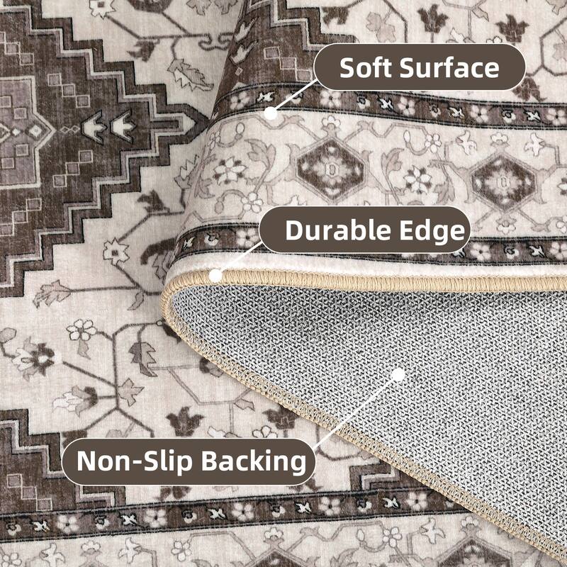 Washable Area Rug Vintage Boho Rug Low Pile Non-Slip Area Rugs Soft Foldable Indoor Carpet