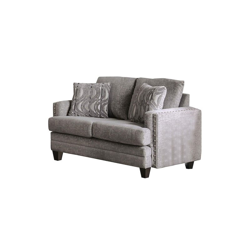 Loveseat with Loose Pillow Back and Nailhead Trim, Gray - Overstock ...