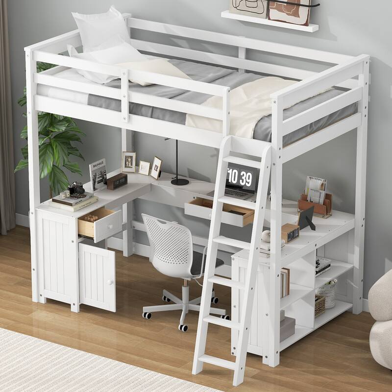 Full Size Loft Bed with U-shaped Desk, Drawers, and Storage Shelves in White