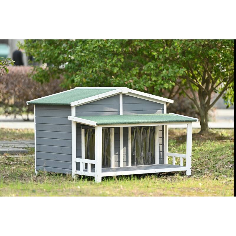47.2"Large Wooden Dog House Outdoor, Outdoor & Indoor Dog Crate, Cabin Style, With Porch, 2 Doors
