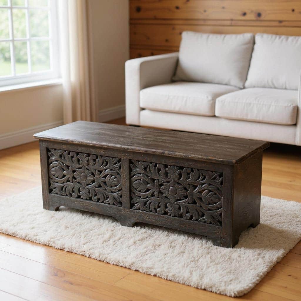HomeRoots 52" Black Distressed Solid Wood Carved Floral Storage Ottoman
