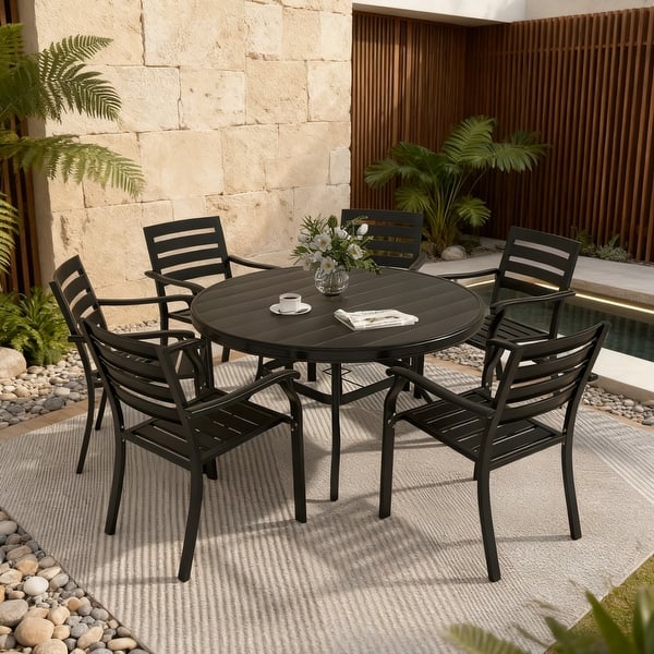 7-Piece Outdoor Metal Round Dining Table Set with 6 Stackable Chairs ...