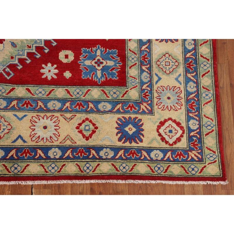 Geometric Red Kazak Oriental Area Rug Living Room Handmade Wool Carpet - 6'7" x 9'10"