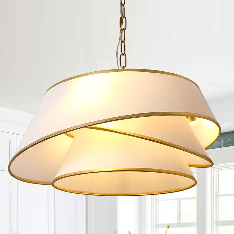 Cusp Barn 24 Inch 4-Light Drum Chandelier, Fabric Linen Shade Ceiling Light Fixture, Gold Tri-layer Kitchen Island Pendant Light - Gold