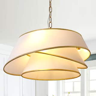 Cusp Barn 24 Inch 4-Light Drum Chandelier, Fabric Linen Shade Ceiling Light Fixture, Gold Tri-layer Kitchen Island Pendant Light