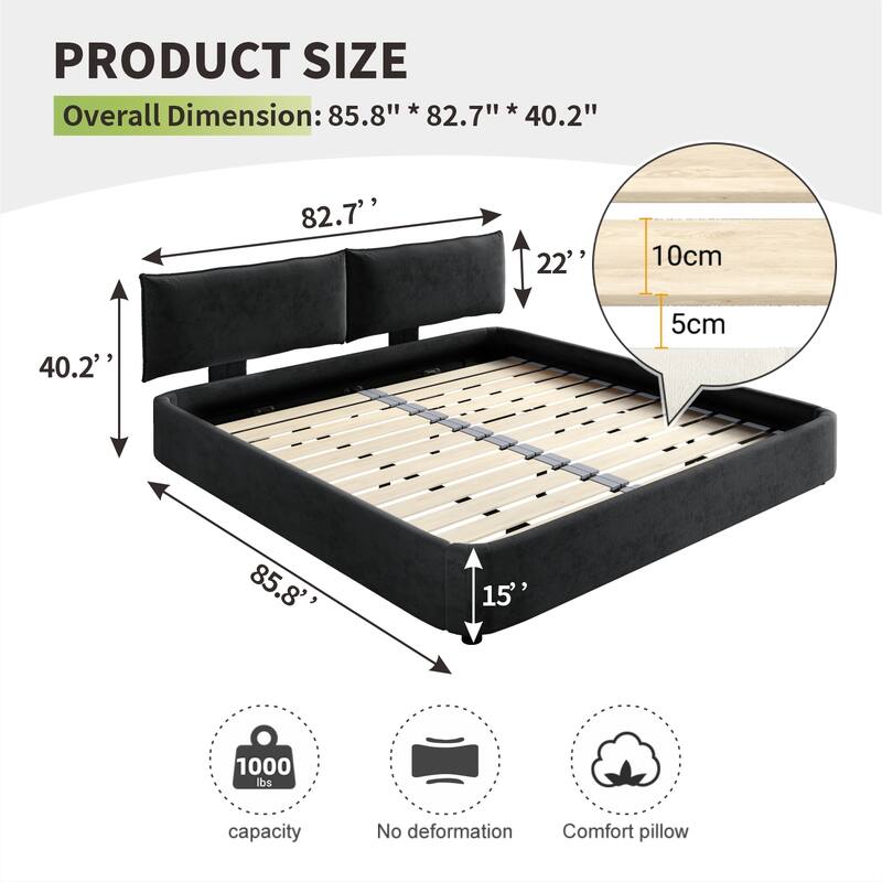 King Size Cloud Bed Frame with Oversized Movable Headboard, Chenille Upholstered Platform Bed with Metal & Wood Support