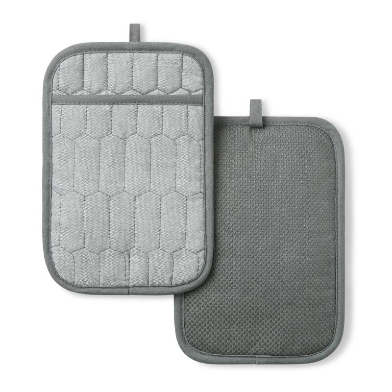 MARTHA STEWART Honeycomb Quilted Chambray Pot Holder 2-Pack Set - 7"x10" - Grey