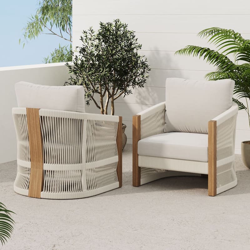 Jagger Farmhouse Patio Seating with Solid Acacia Wood Frame, Cushions, and Rope Accent - Gray/Light Brown - 2 Armchairs