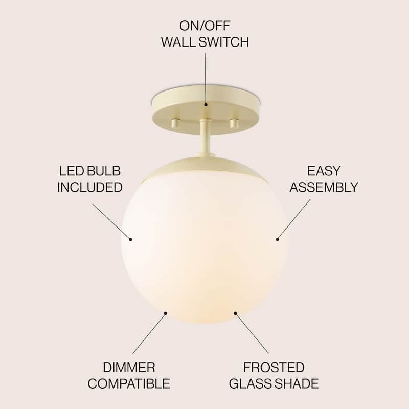 Galax Bistro 7.75" 1-Light Bohemian Farmhouse Iron/Frosted Glass LED Semi Flush Mount, Brass Gold/White by JONATHAN Y