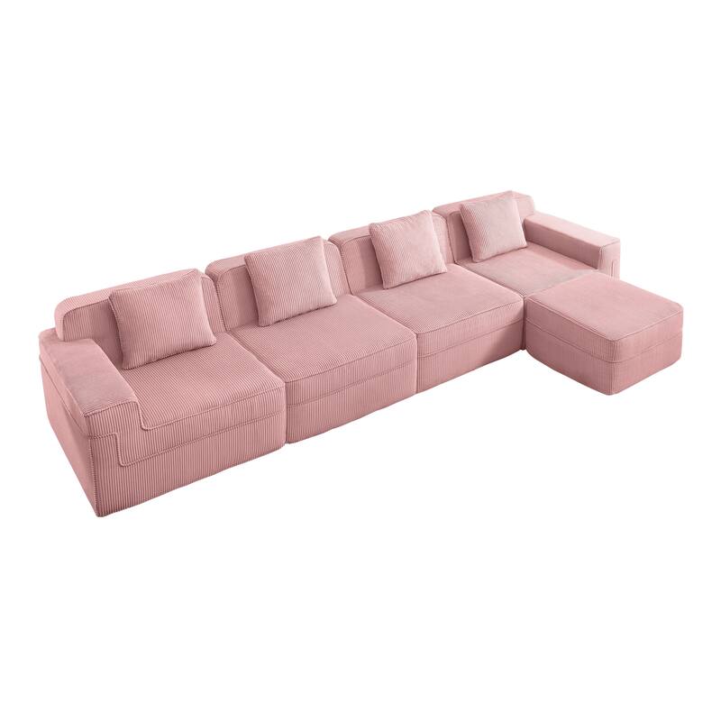 GDFStudio - Corduroy Modular 4-Seater 153.5" L-Shaped Boneless Cloud Sofa with Ottoman