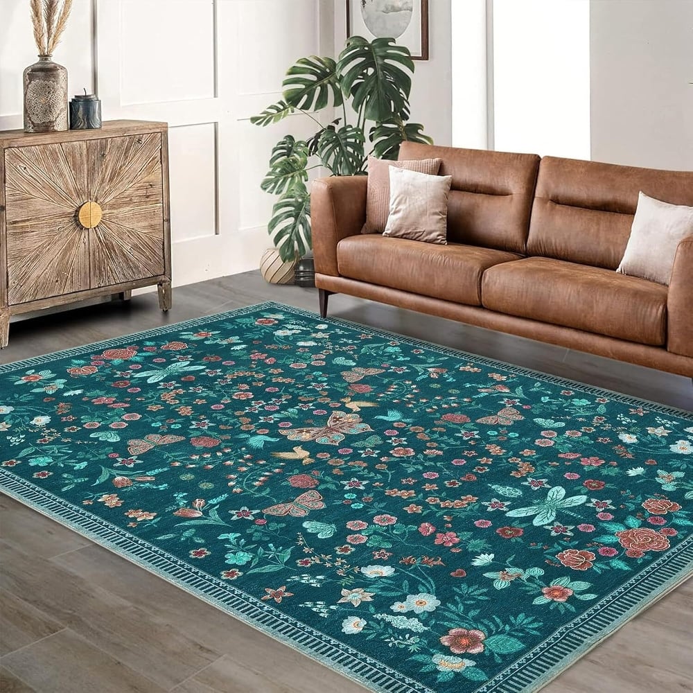 Modern Floral Machine Washable Indoor Waterproof Area Rug for Bedroom, Living Room, Dark Green - 2' x 3'