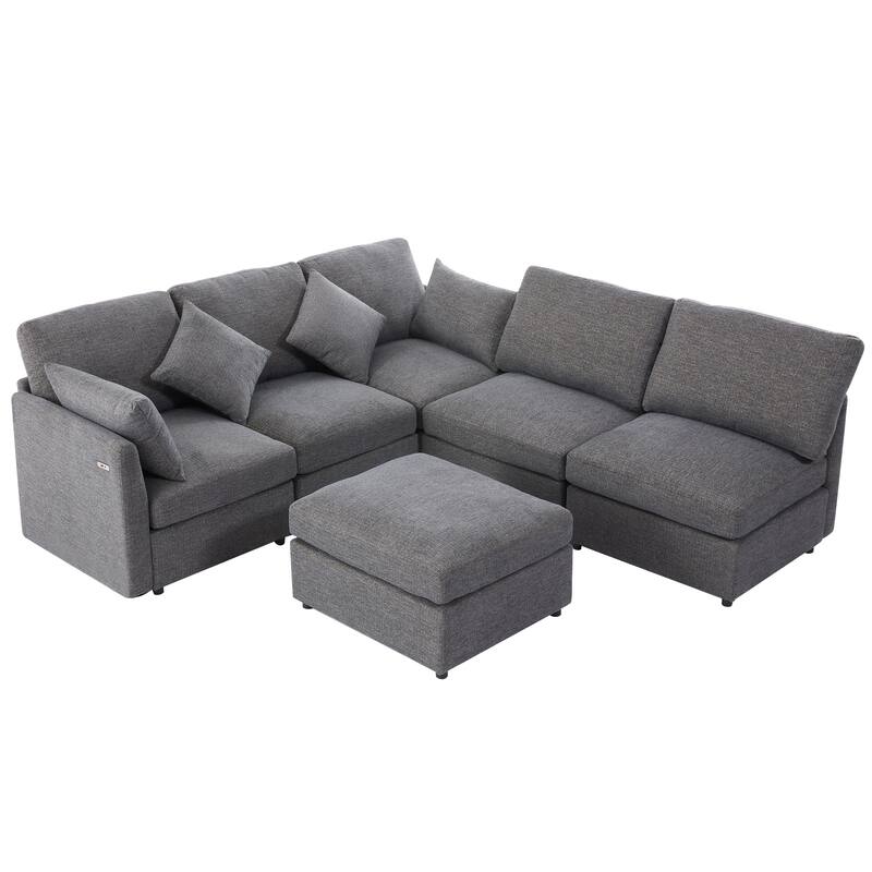 L-Shaped Modular Sectional Sofa Convertible U-Shaped Sofa Bed with Movable Ottoman and 2 USB Ports, 2 Pillows, Chenille 5 Seat