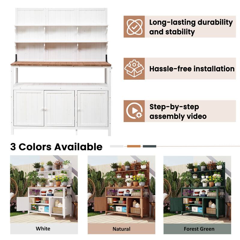 Roomfitters 50 Inch Solid Fir Wood Potting Bench with Hutch and Cabinets, Garden Workstation Table