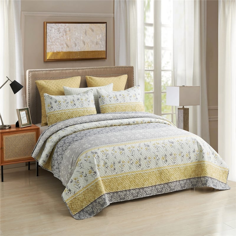 3 Piece Gray Yellow Stripe Quilt Set Floral Reversible Bedspread