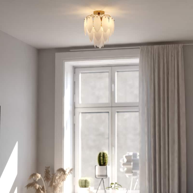 Burbank 4-Light Muted Gold Brass Waterfall Semi Flush Mount Lighting Ceiling Fixture, White Leaf Glass Shade Entryway