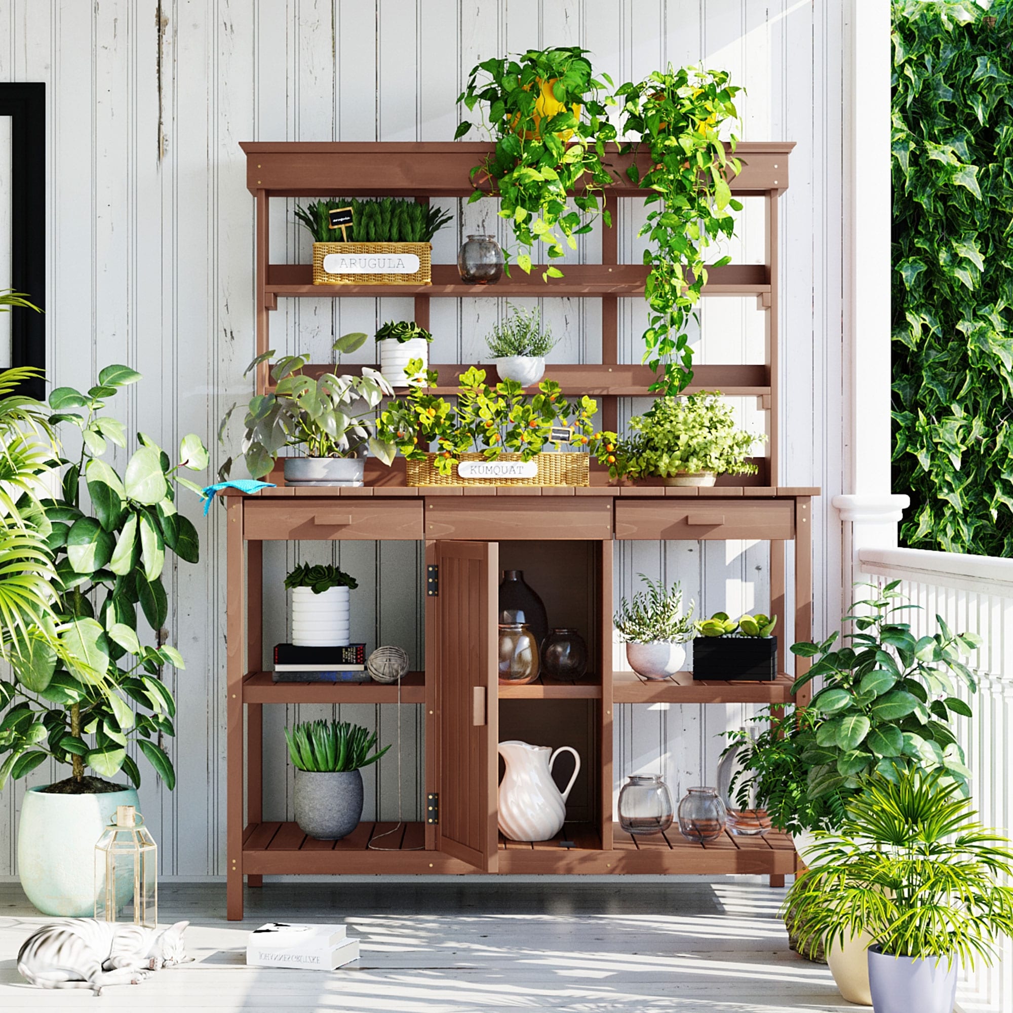 Outdoor Wooden Potting Bench Table, Garden Potting Bench with Cabinet, Patio Workstation with 4 Open Shelves and 2 Drawers