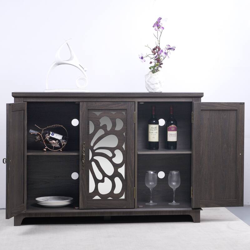 Anmytek 49" Brown Mirrored Door Sideboard Buffet Cabinet with Adjustable Shelves Spacious Storage for Living Room Kitchen